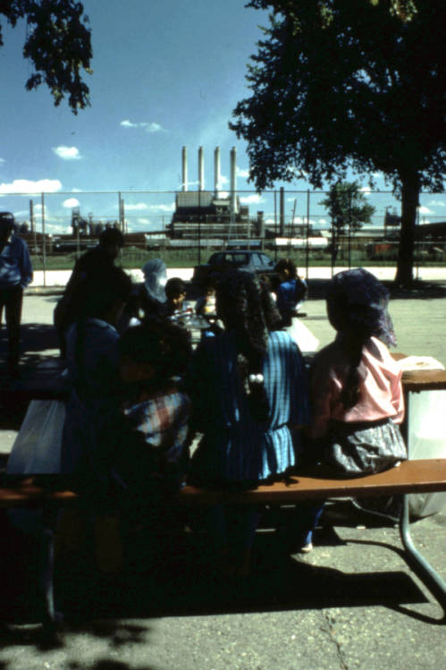 An Arab American family has a picnic with the Ford Rouge plant visible in the background