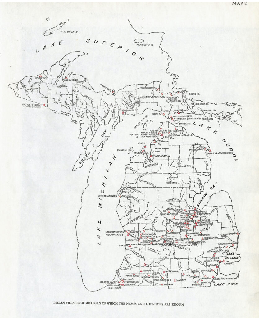 1931 map of Native American settlements in Michigan, including names