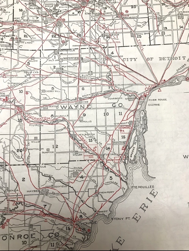 Map of indigenous trails and settlements in Southeast Michigan.